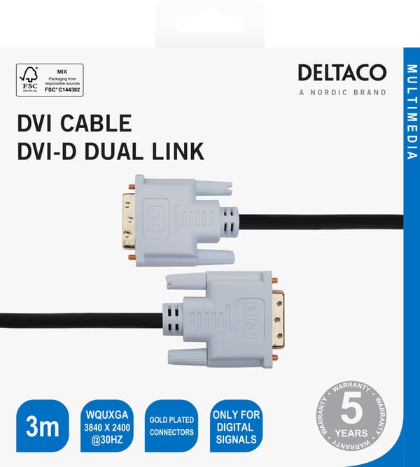 DELTACO - DVI-kabel - DVI-D (hann) til DVI-D (hann) - 3 m - digital, 3840 x 2400 ved 30Hz støtte - svart
