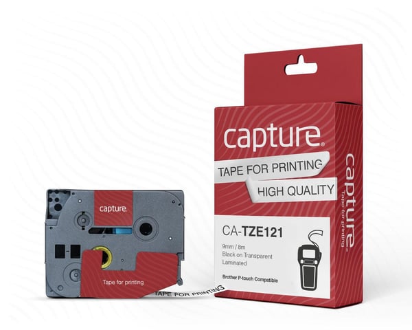 Capture - Nylon - svart på transparent - Rulle (0,9 cm x 8 m) 1 kassett(er) hängande låda - bandlaminat (alternativ för: Brother TZE121)