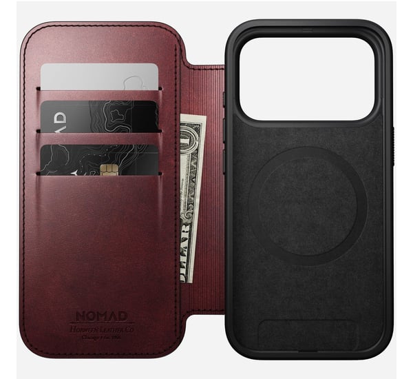 Nomad Modern Leather Folio-deksel til iPhone 17 Pro, MagSafe, burgunder
