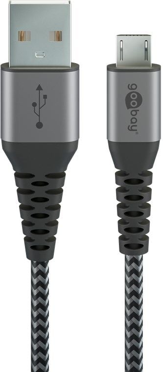 Micro USB till USB-A Tekstil kabel med metallpropp (Space grå / silver) 2 m
