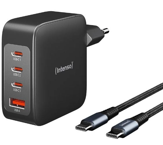 Intenso W140A3C - Strømadapter - GaN - 240 watt - 5 A - PD 3.0, PD/PPS, QC 4.0 - 4 utgangskontakter (3 x USB-C, USB-type A) - svart - med C520C Cable