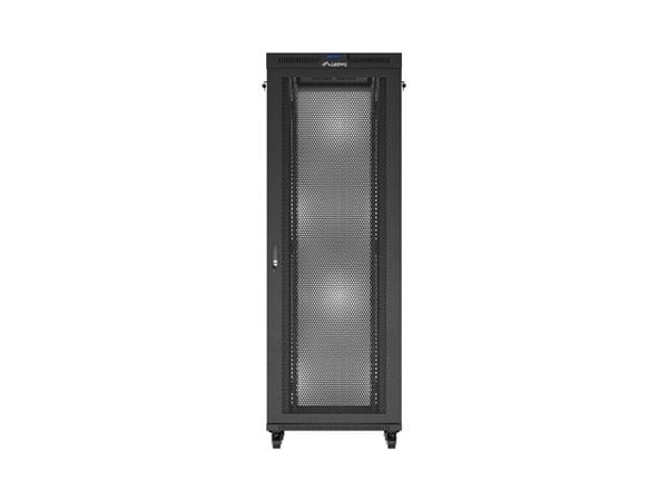 Lanberg FF01 series - Rack skap - 800 x 800, flat pack, with mesh door, LCD - med LCD-skjerm, termostat, 4 kjølevifter - fritt stående, står på gul...