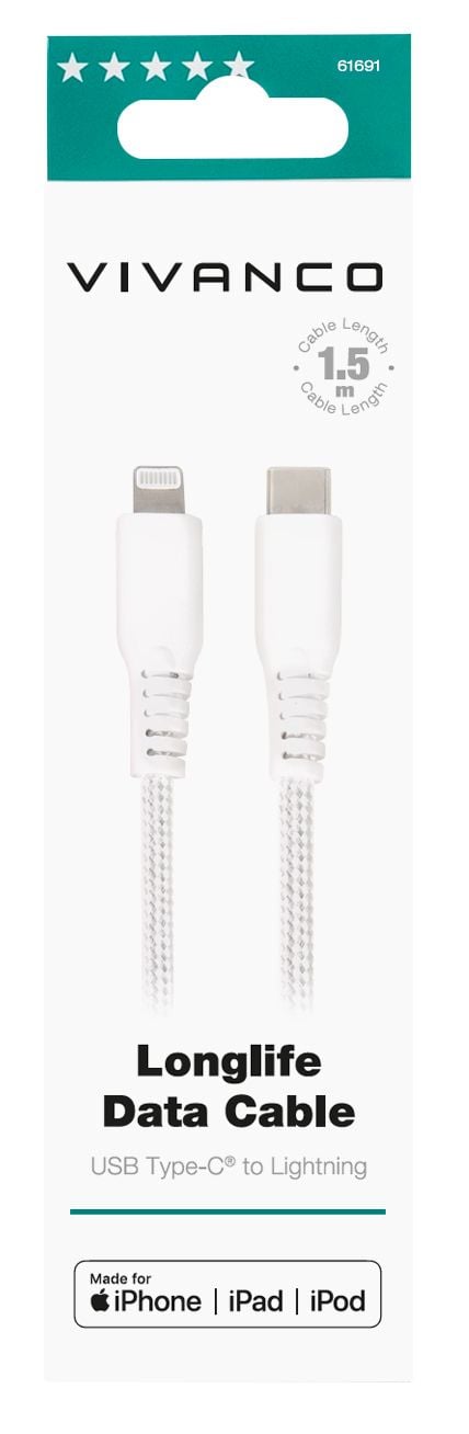 Vivanco LongLife - Lightning-kabel - USB-C hane till Lightning hane - 1.5 m - vit - Strömförsörjningsstöd