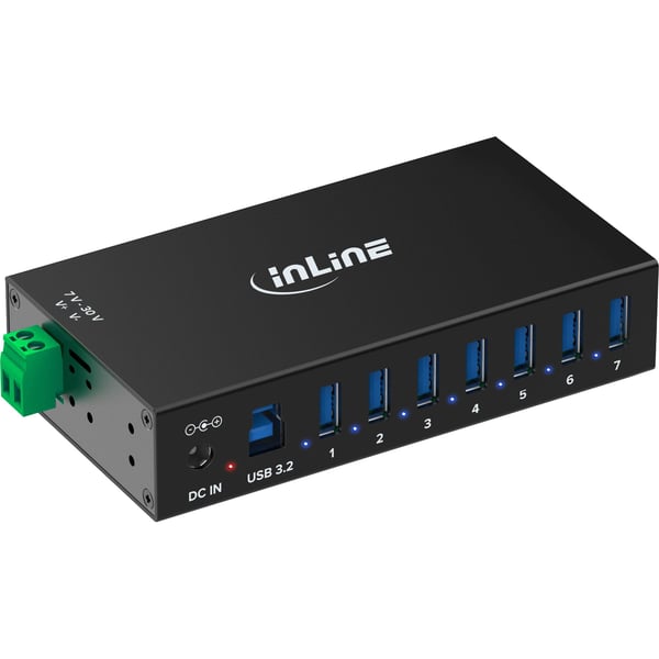 InLine USB 3.2 Gen.1 teollisuuskeskitin - 7 porttia - alumiinikotelo - virtalähteellä (353956B)