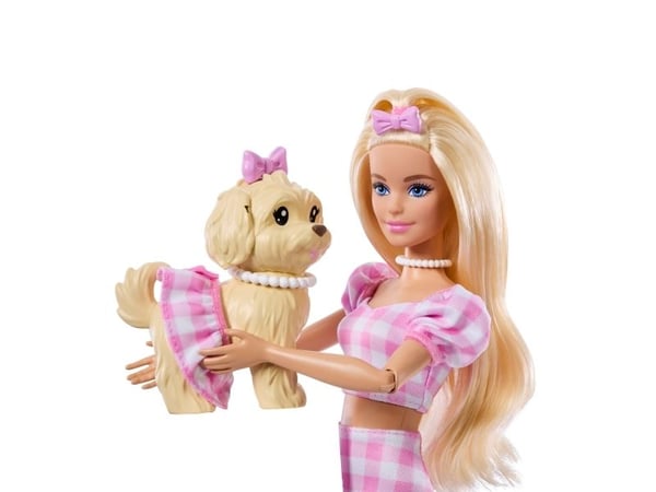 Barbie Twinning Looks JFP36 muotinukke koiran kanssa, vaaleat rusetit