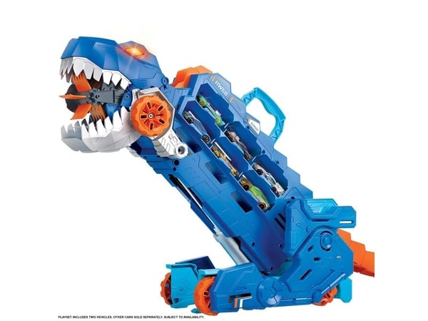 Hot Wheels City Ultimat långtradare, förvandlas till en T-Rex med racerbana, rymmer över 20 bilar, Set med fordon och bana, 4 År, AAA, Plast, Multi...