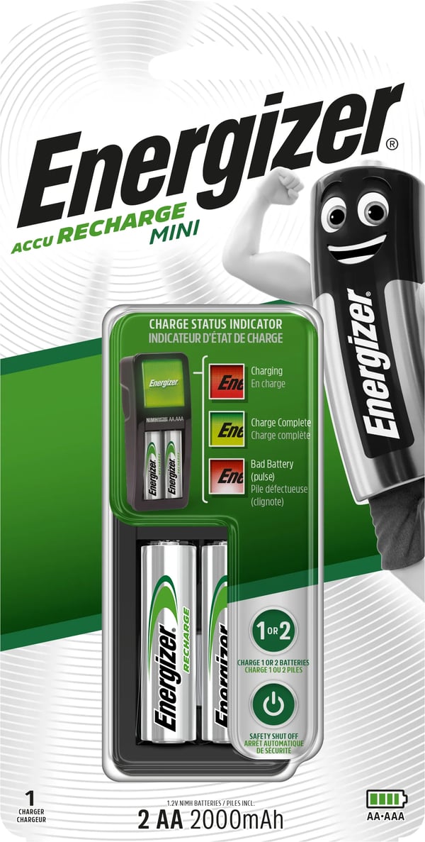 Energizer Mini Charger, Nickel-metallhydrid (NiMH), Överbelastning, AA, AAA, 2 styck, Batterier medföljer