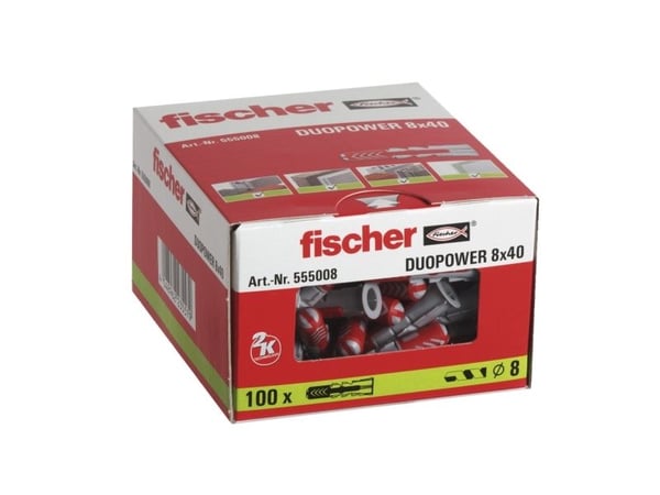 Fischer DUOPOWER 8 x 40, Muuriankkuri, Betoni, Metalli, Harmaa, Punainen, 40 mm, 8 mm