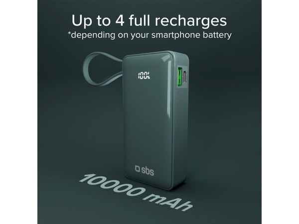 Powerbank SBS 10000mAh, 20W, LCD, integrert kabel, Lyseblå