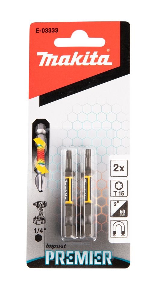 Makita Impact Premier - Impact screwdriver bit - 2 deler - torx - T15 - heksagonal - lengde: 50 mm - for Makita DTD172Z