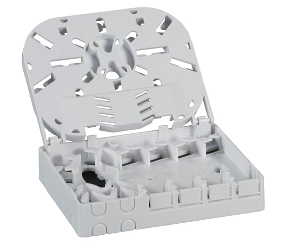 FTTH innendørs DIN-skinneboks for 4 fibre, 4 koblinger og holder for overflødig fiber (FTTH-BOX-IN-5)