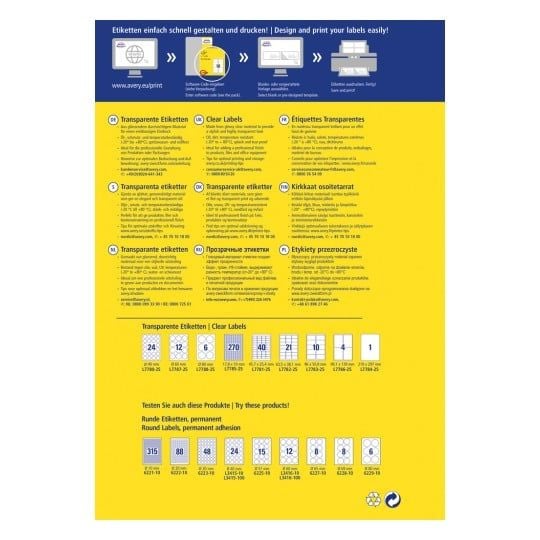 Etiketter Avery 96x50,8 mm, transparente, krystallklare, permanente, for laserskriver - (25 ark x 10 stk.)