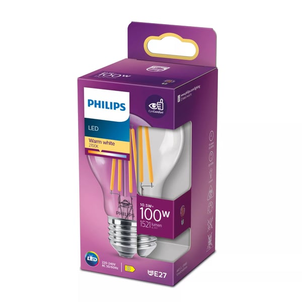 Philips - LED-filamentlyspære - form: A60 - klar finish - E27 - 10.5 W (ekvivalent 100 W) - klasse D - varmt hvitt lys - 2700 K