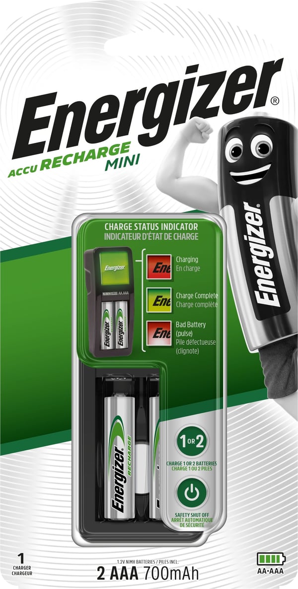Energizer Recharge Mini 700 - 8-13 hr batterilader - (for 1xAA, 2xAAA) 2 x AAA - NiMH - 700 mAh