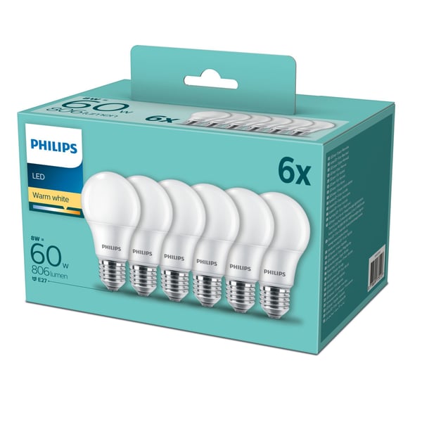 Philips LED-lamppu 8 W 806 lm 2700 K E27, 6 kpl