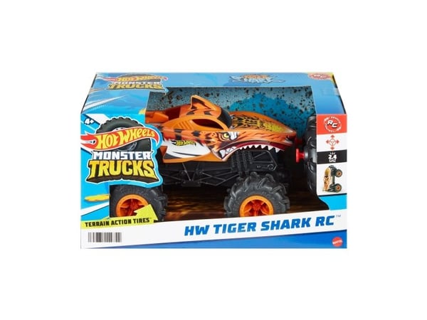 Hot Wheels Monster Trucks RC HW Tiger Shark RC i skala 1:24, fjärrstyrd leksakstruck, Fordon, 4 År, AAA, Plast, Svart, Orange