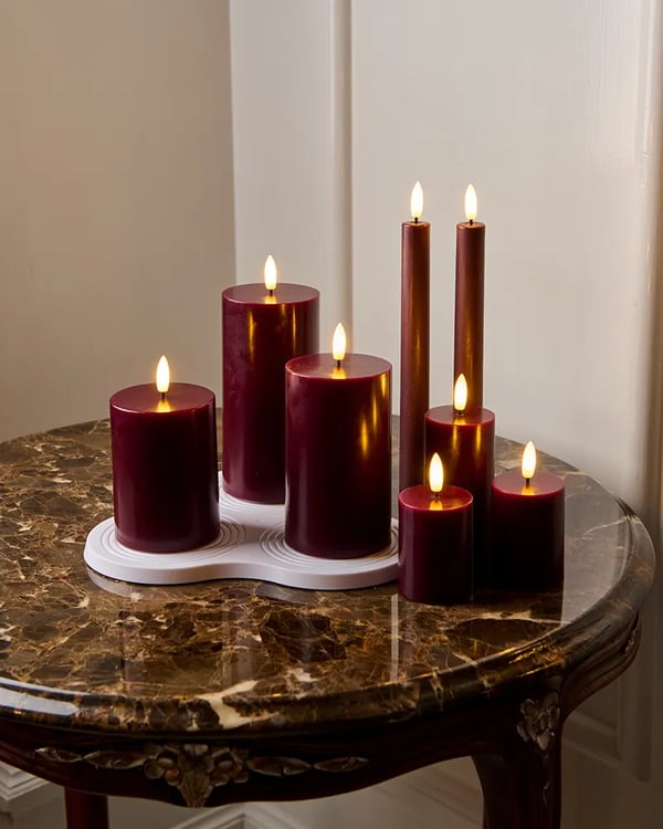 Sirius Sille oppladbart blokkslys 3-pk sett Ø7,5 x 10/12,5/15 cm, Bordeaux