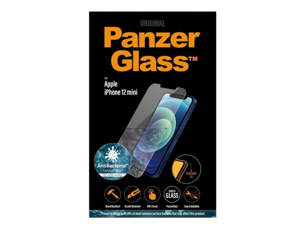 PanzerGlass™ | AntiBacterial - Skjermbeskytter for mobiltelefon - Standard passform - Krystallklar | Apple iPhone 12 Mini