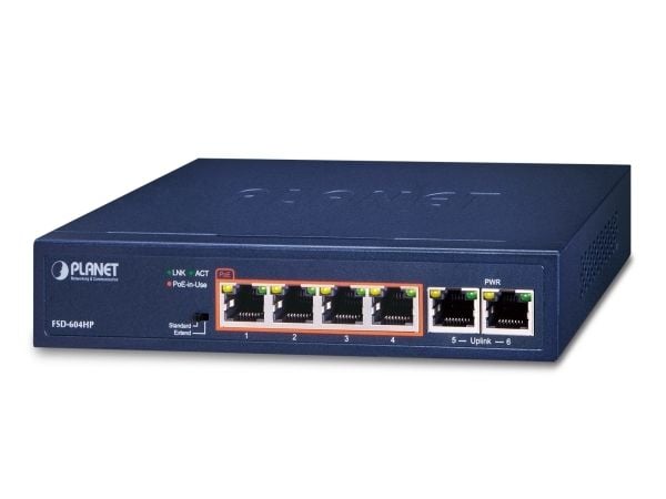 PLANET FSD-604HP, Uhåndtert, Fast Ethernet (10/100), Full tosidig, Strøm over Ethernet (PoE)