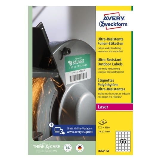 Avery B7651-50, Hvit, Rektangel, Permanent, 38 x 21 mm, A4, Teslin