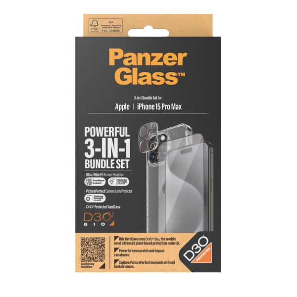 PanzerGlass™ | 3-i-1 beskyttelsespakke | Apple iPhone 15 Pro Max