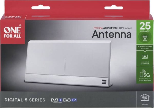 One For All SV 9386 5G, Innendørs, Hvit, DVB-T, DVB-T2, UHF, 280 mm, 48 mm