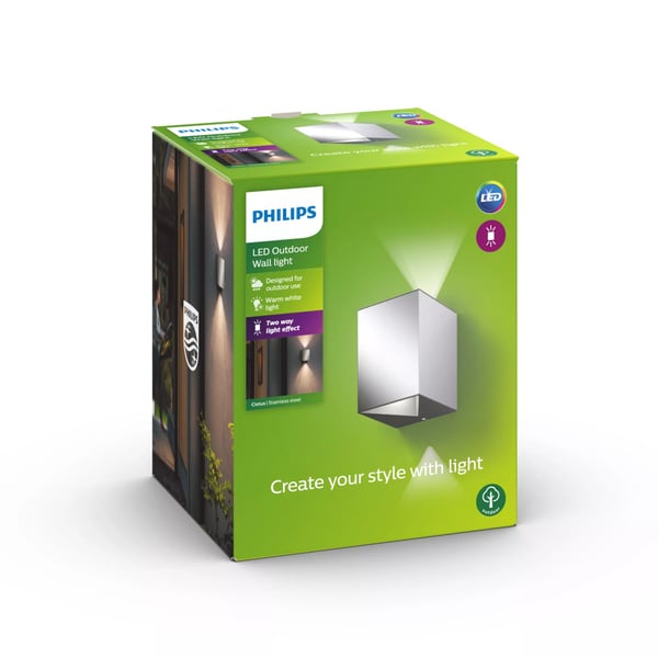 Philips myGarden Cistus - Vegglampe - LED x 2 - total: 9 W (ekvivalent 70 W) - varmt hvitt lys - lanterne - inox