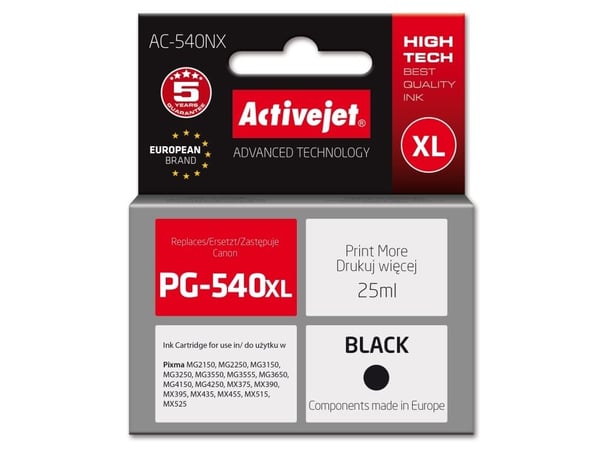 Activejet AC-540NX muste Canon tulostimeen (korvaava muste Canon PG-540XL) Supreme, 25 ml, musta, Musta, Pigmenttipohjainen muste, 25 ml, 1 kpl, yk...