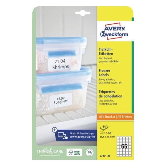 Fryseetiketter Avery 38,1x21,2 mm hvid - (65 stk. x 25 ark)
