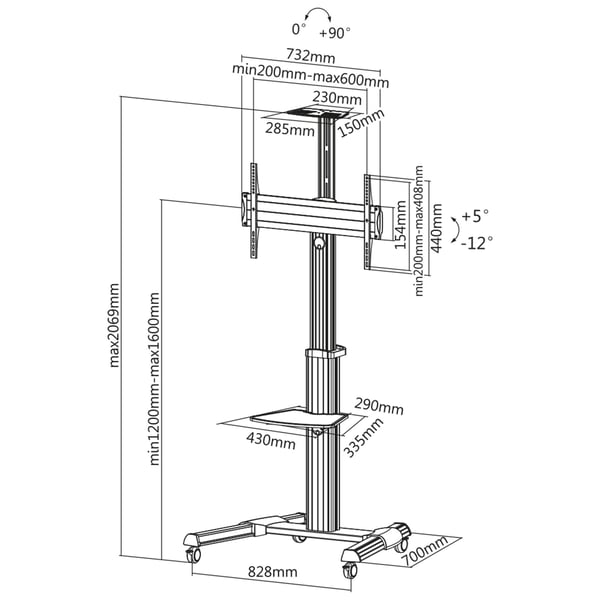 InLine 23170A, 2 hyllyä, 50 kg, 94 cm (37"), 200 x 200,300 x 300,400 x 200,400 x 400,600 x 400, -12 - 5°, 21,2 kg