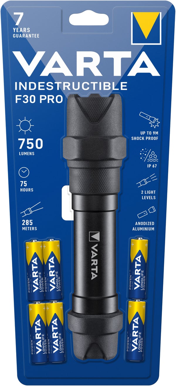 Varta INDESTRUCTIBLE F30 PRO, Käsikokoinen taskulamppu, Musta, Alumiini, 9 m, IP67, LED