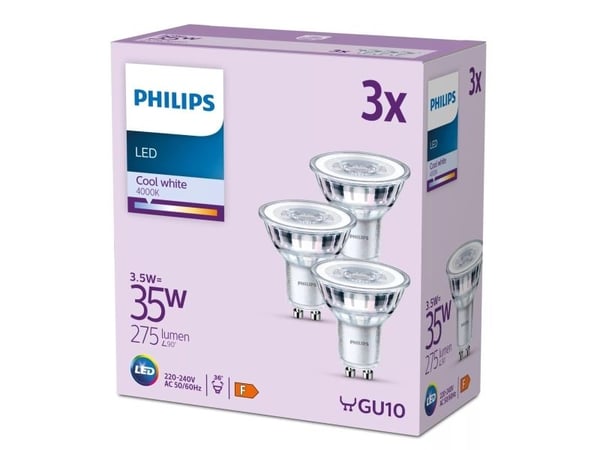 Philips Kohdelamppu 35W PAR16 GU10 x3, 3,5 W, 35 W, GU10, 275 lm, 15000 h, Viileä valkoinen