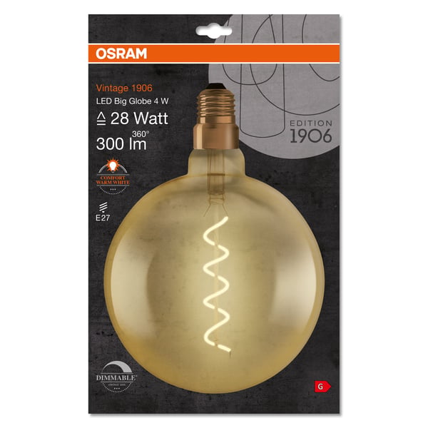 Vintage 1906 LED, suuri pallomainen spiraalilamppu, 5 W, 820, 330 lm, E27, kultainen, himmennettävä