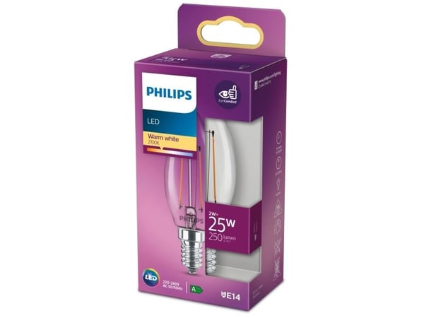 Philips - LED-filamentlyspære - form: B35 - klar finish - E14 - 2 W (ekvivalent 25 W) - klasse E - varmt hvitt lys - 2700 K - gjennomsiktig