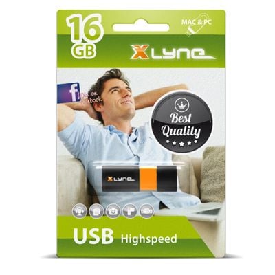 xlyne Wave USB 2.0 16GB, 16 GB, USB A-tyyppi, 2.0, 8 MB/s, Suojus, Musta, Oranssi