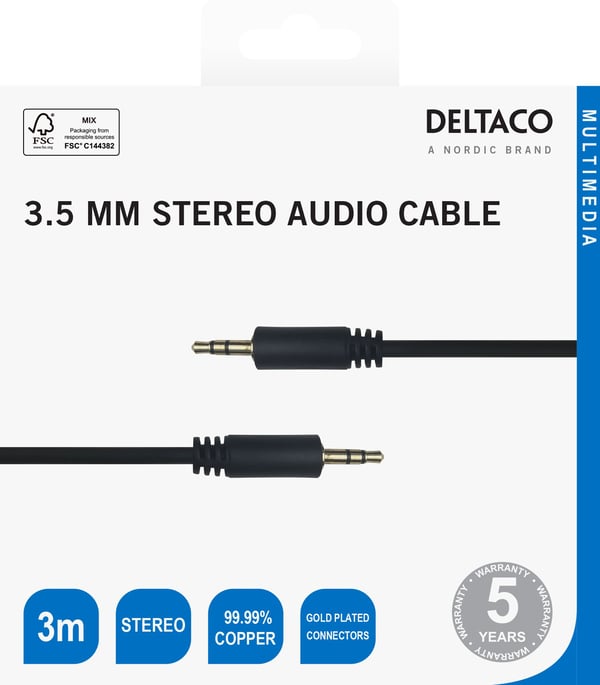Deltaco Audio cable, 3.5mm, gold-plated, 3m, black, 3.5mm, Uros, 3.5mm, Uros, 3 m, Musta
