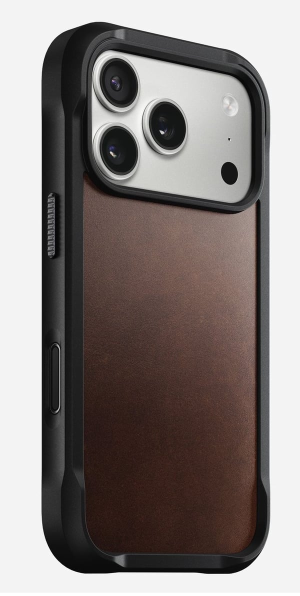 Nomad Rugged-deksel i skinn til iPhone 17 Pro, MagSafe, rustikk brun