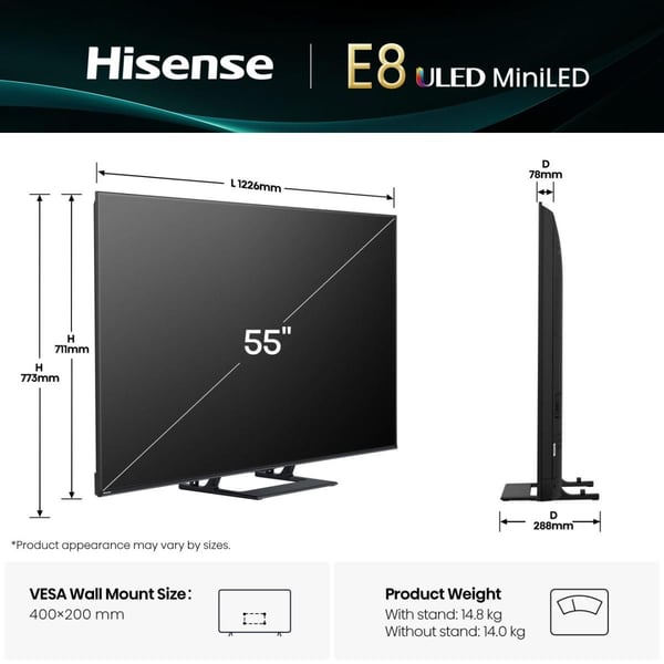 Hisense 55E8Q Mini LED -televisio 55" 4K UHD