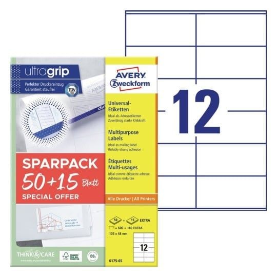 Universaletiketter Avery 105x48 mm, hvid med Ultragrip + 30% ekstra indhold - (65 ark x 12 stk.)