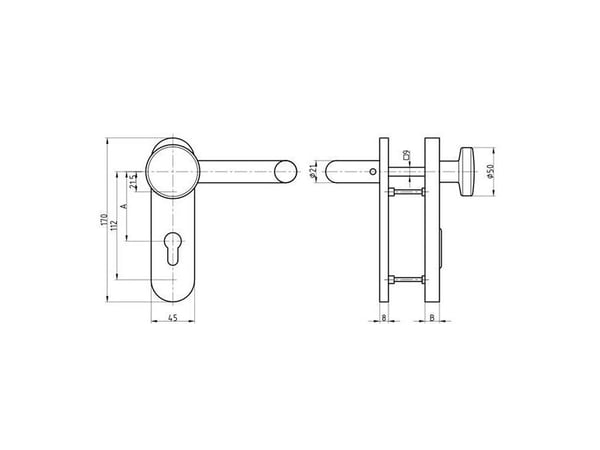 BASI 7529-0108, Avaimellinen oven kahvasetti, Ruostumaton teräs, Ruostumaton teräs, Molempikätinen, DIN 18257, 7,2 cm
