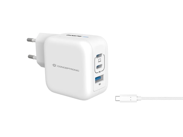 Conceptronic - Strømadapter - 67 watt - 1.5 A - QC 3.0, Power Delivery 3.0 + PPS - 3 utgangskontakter - hvit