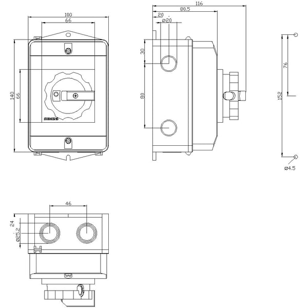 Siemens 3LD2164-1GP53, 3P, IP65, 152 mm, 103 mm, 163 mm, 122 mm