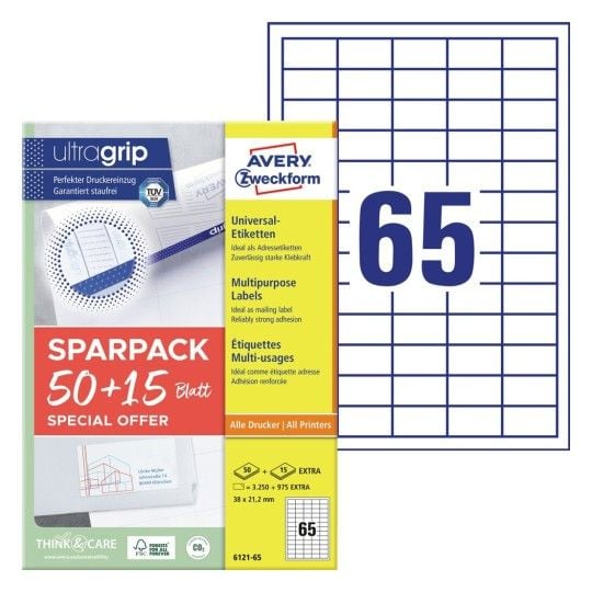 Universaletiketter Avery 38x21,2 mm, hvid med Ultragrip + 30% ekstra indhold - (65 ark x 65 stk.)