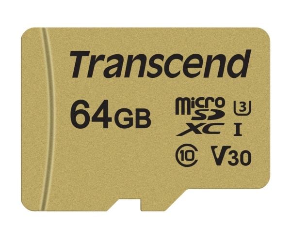 Transcend 500S - Flashminnekort (microSDXC til SD-adapter inkludert) - 64 GB - Video Class V30 / UHS-I U3 / Class10 - microSDXC