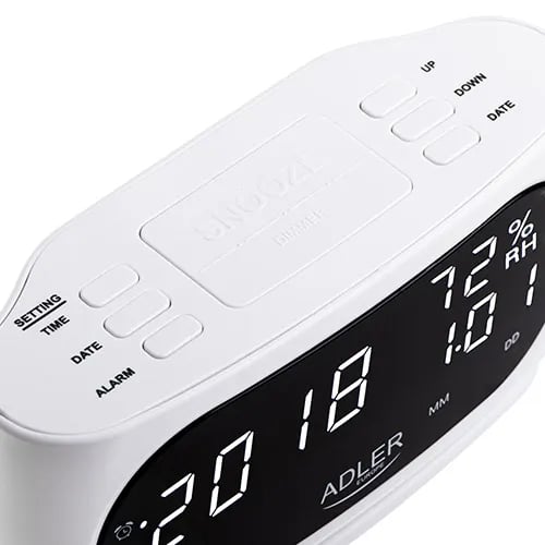 Adler AD 1186W, Digitaalinen herätyskello, Ovaali, musta, Valkoinen, Summeri, LED, Valkoinen