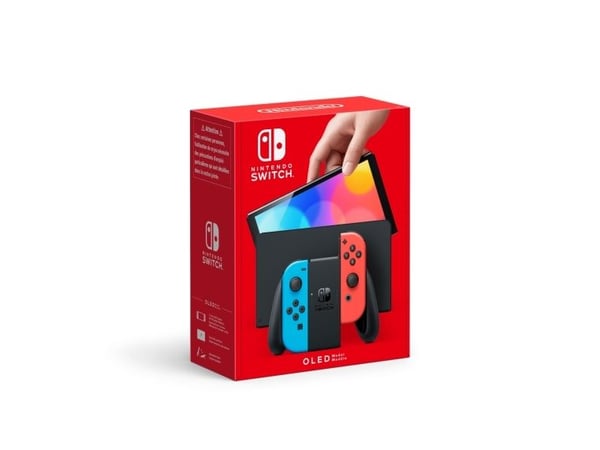 Nintendo Switch OLED - Spillkonsoll - Full HD - 64GB - Hvit / Sort - Opptil 9 timers batterilevetid - Inkl. 2 x Joy-Con (neonrød / neonblå)