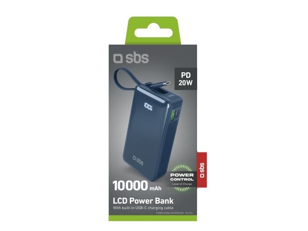 SBS Powerbank 10 000 mAh med innebygd USB-C-kabel, blå