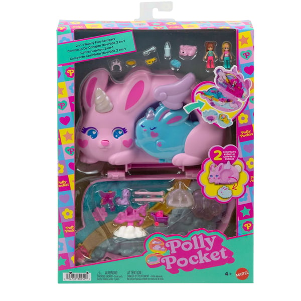 Polly Pocket 2-in-1 Bunny Fun Compact, käsilaukkupakkaus, jossa 2 nukkea ja 12 tarviketta, kuten lemmikkejä, Pieni nukke, 4 vuosi/vuosia, Poika/tyt...