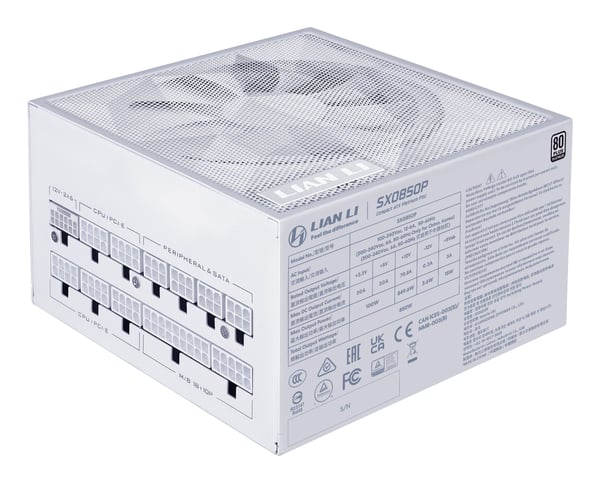 Lian Li SX Series 80 PLUS Platinum PSU, täysin modulaarinen, PCIe 5.1, ATX 3.1 - 850 Watt, valkoinen