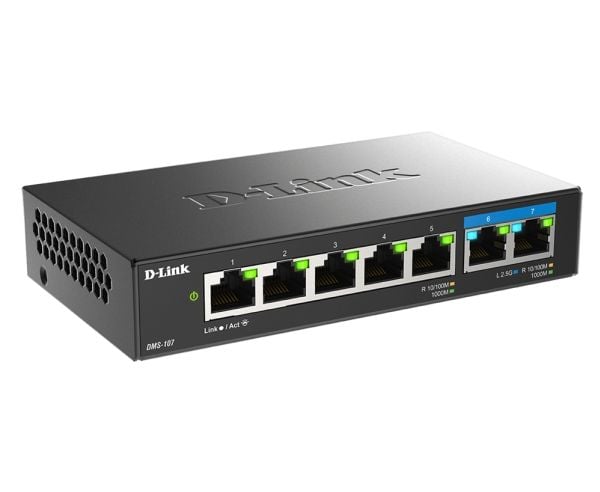 D-Link DMS-107/E nettverksswitch, 7 porter, ustyrt, 5x Gigabit, 2x 2.5GBase-T